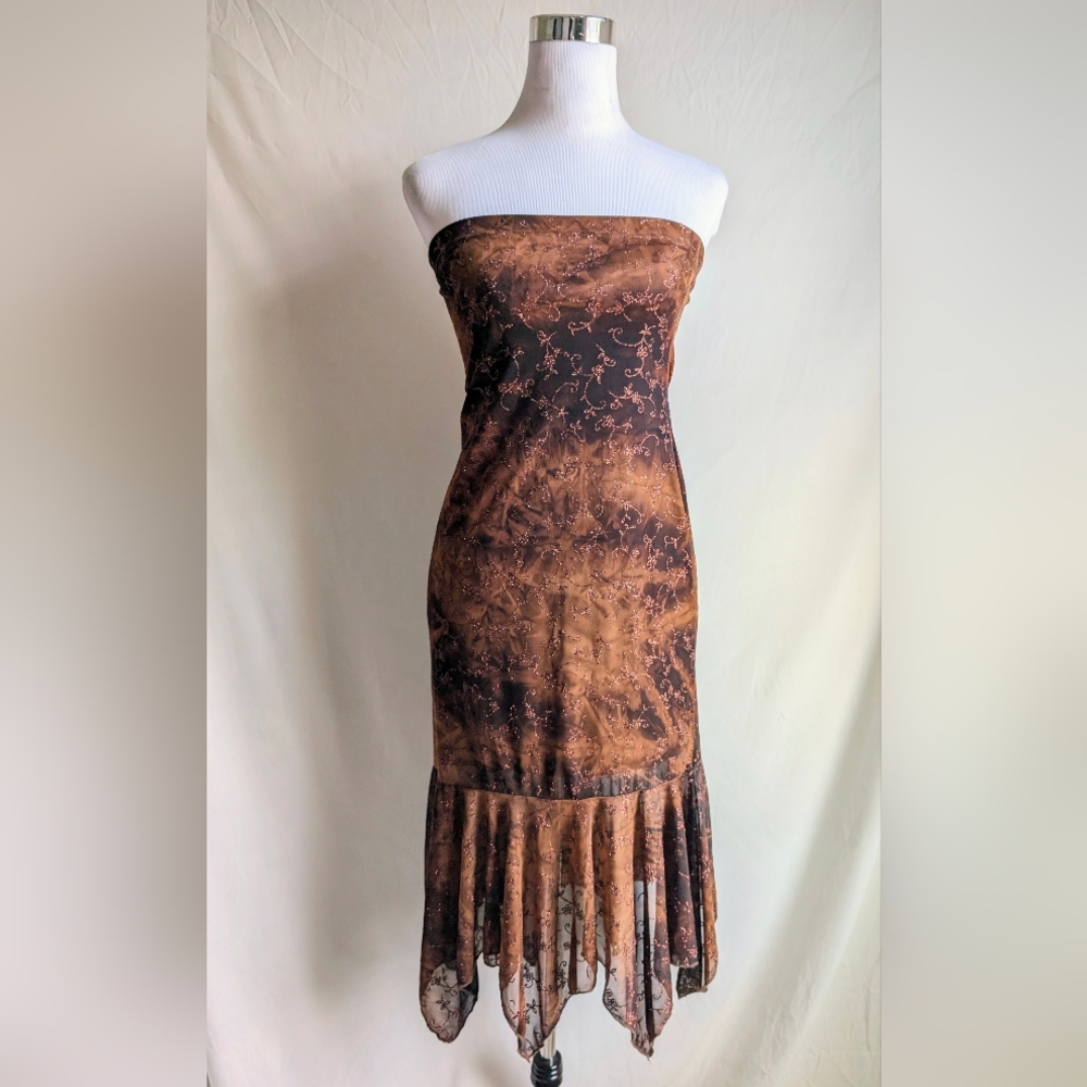 Bronze Y2K Sequin Strapless Bodycon Dress | Asymmetrical Hem Night Out